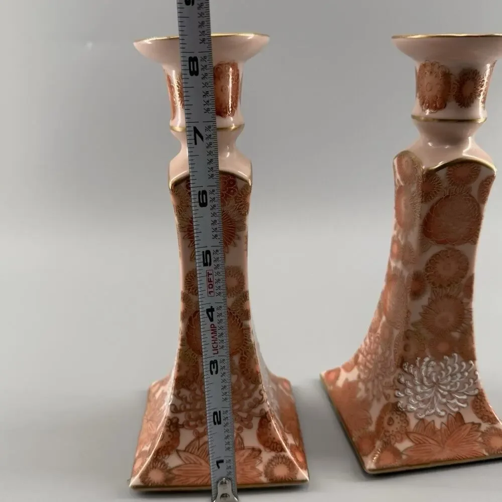 Vintage Andrea by Sadek 7763 Candlesticks Pair Orange Floral Gold Porcelain
